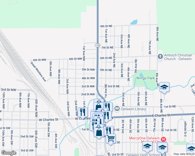 map of restaurants, bars, coffee shops, grocery stores, and more near 403 North Frederick Avenue in Oelwein