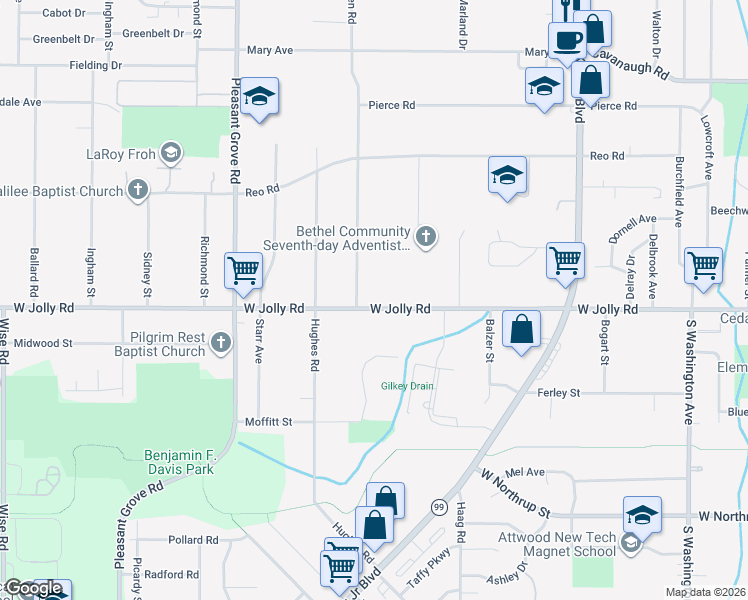 map of restaurants, bars, coffee shops, grocery stores, and more near 1726 West Jolly Road in Lansing