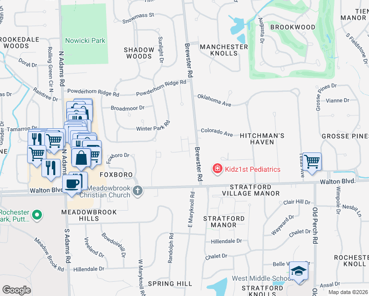 map of restaurants, bars, coffee shops, grocery stores, and more near 197 Weston Lane in Rochester Hills