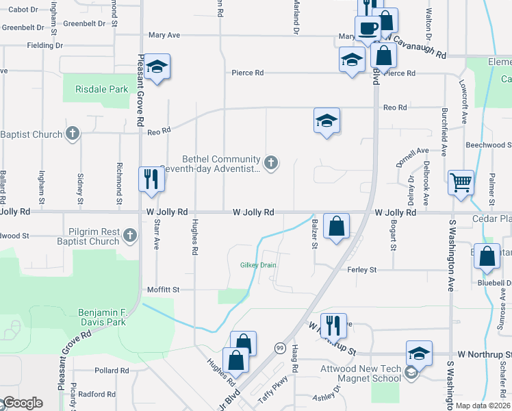 map of restaurants, bars, coffee shops, grocery stores, and more near 1710 West Jolly Road in Lansing