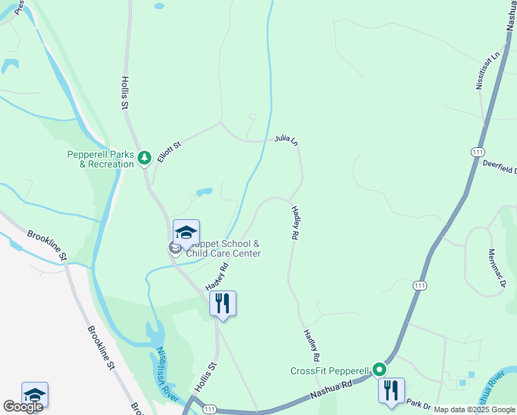 map of restaurants, bars, coffee shops, grocery stores, and more near 41 Hadley Road in Pepperell