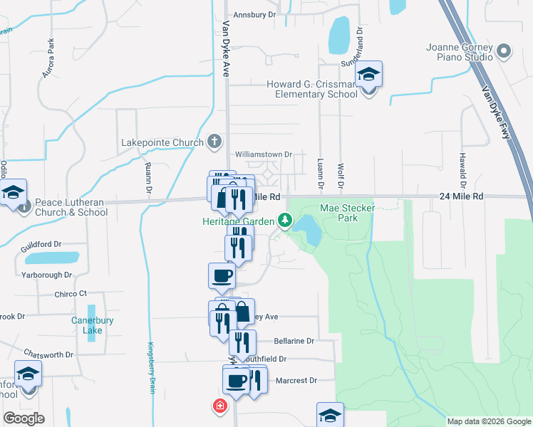 map of restaurants, bars, coffee shops, grocery stores, and more near 8128 24 Mile Road in Macomb County
