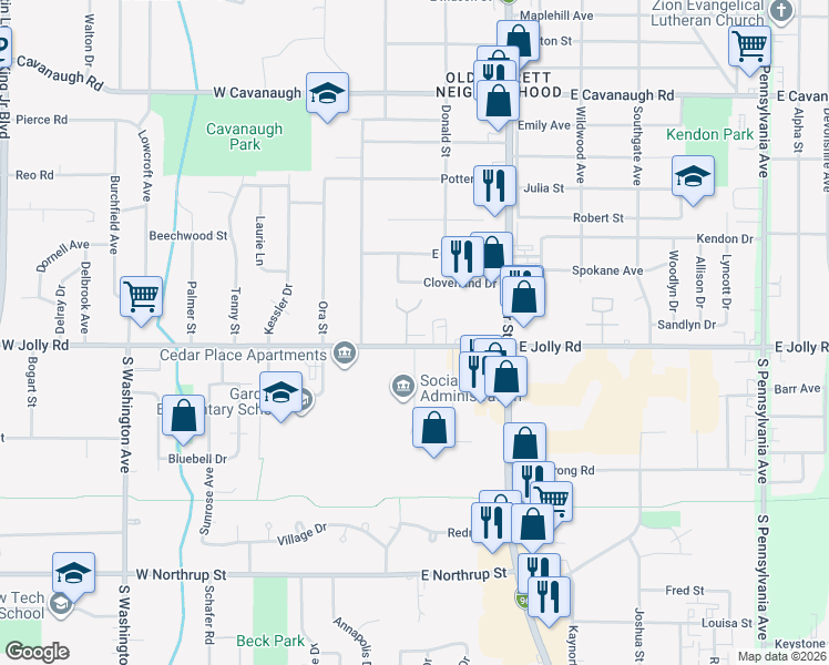 map of restaurants, bars, coffee shops, grocery stores, and more near 131 East Jolly Road in Lansing