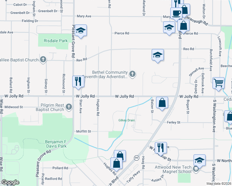 map of restaurants, bars, coffee shops, grocery stores, and more near 1726 West Jolly Road in Lansing