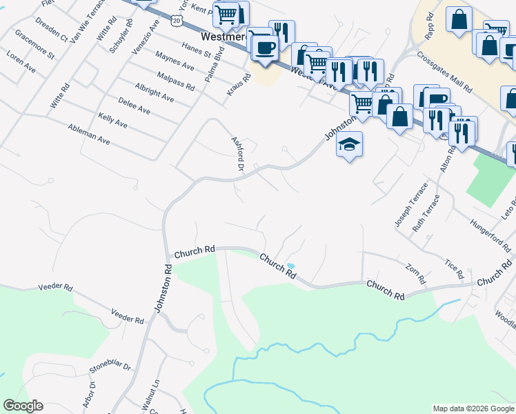 map of restaurants, bars, coffee shops, grocery stores, and more near 6224 Johnston Road in Albany