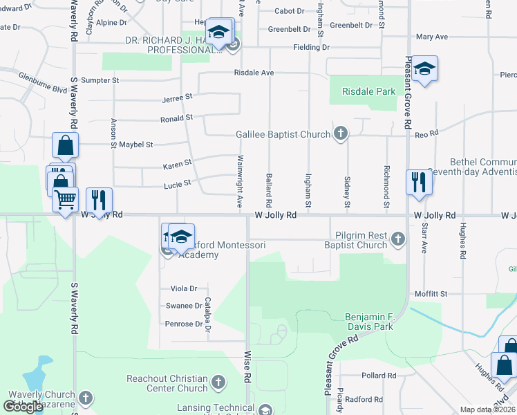 map of restaurants, bars, coffee shops, grocery stores, and more near 3010 West Jolly Road in Lansing
