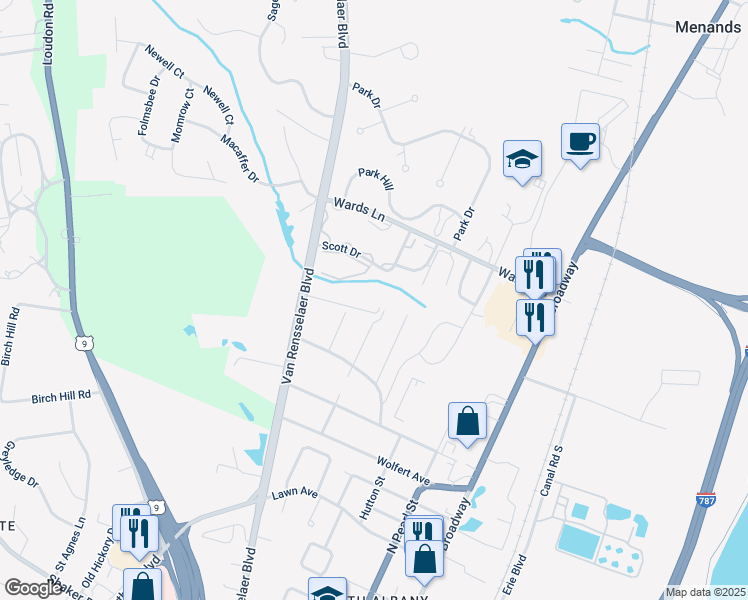 map of restaurants, bars, coffee shops, grocery stores, and more near 69-79 Dutch Village in Menands