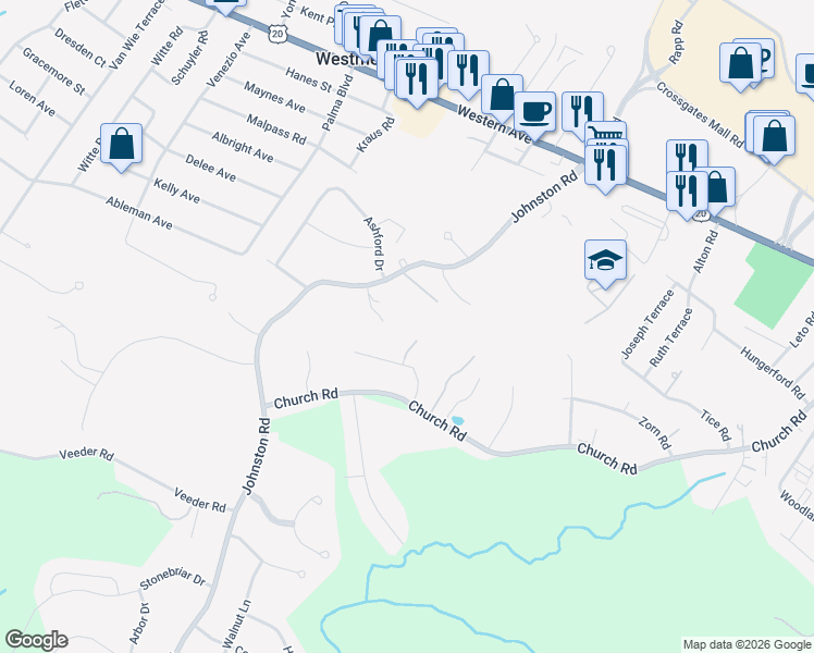 map of restaurants, bars, coffee shops, grocery stores, and more near 6224 Johnston Road in Albany