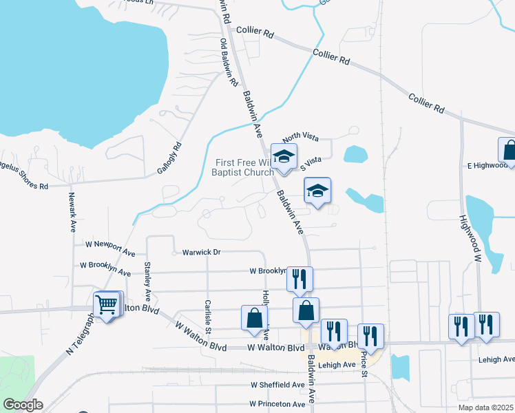 map of restaurants, bars, coffee shops, grocery stores, and more near 1210 Woodlake Lane in Pontiac