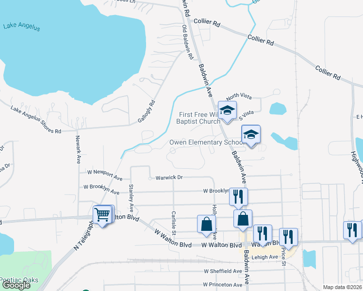 map of restaurants, bars, coffee shops, grocery stores, and more near 1301 Woodlake Lane in Pontiac