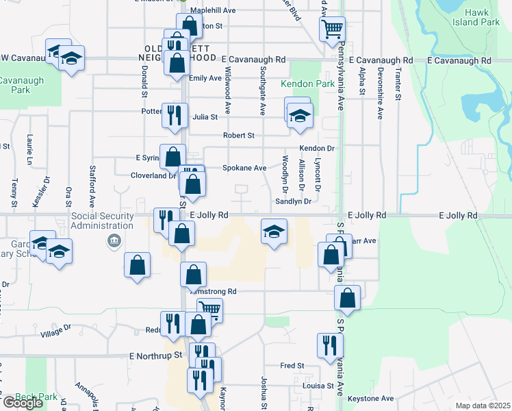 map of restaurants, bars, coffee shops, grocery stores, and more near 4922 Southgate Avenue in Lansing