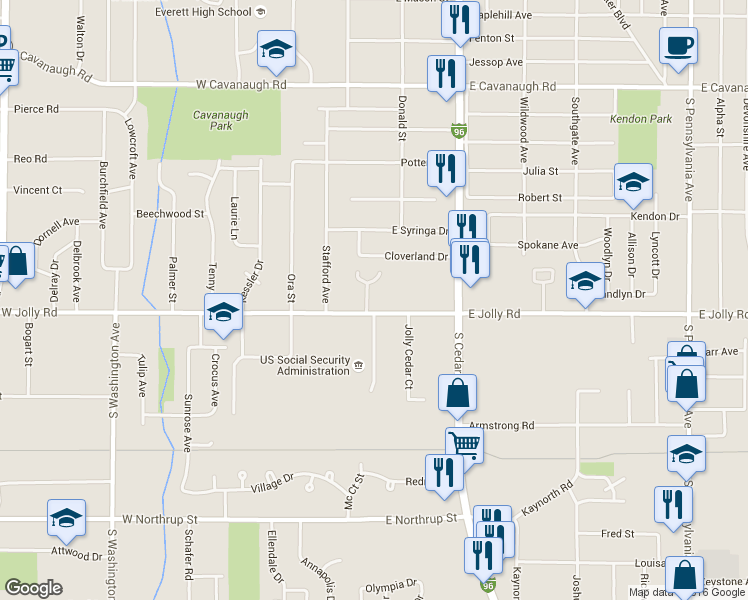 map of restaurants, bars, coffee shops, grocery stores, and more near 131 East Jolly Road in Lansing