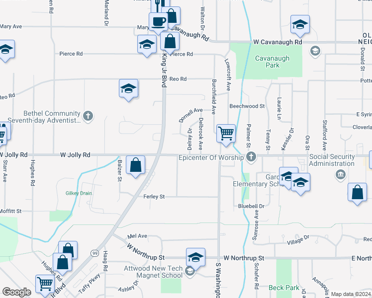 map of restaurants, bars, coffee shops, grocery stores, and more near 5010 Delray Drive in Lansing