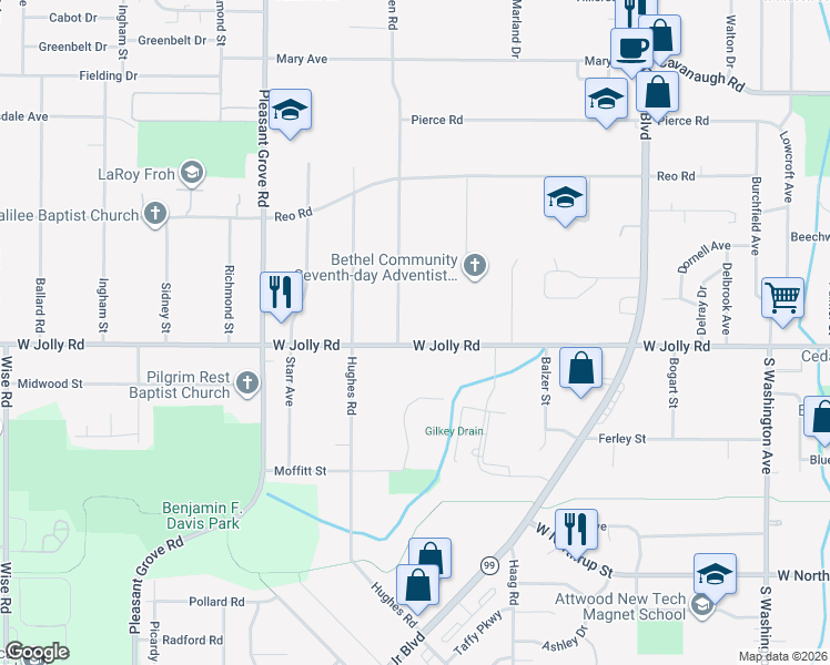 map of restaurants, bars, coffee shops, grocery stores, and more near 1726 West Jolly Road in Lansing