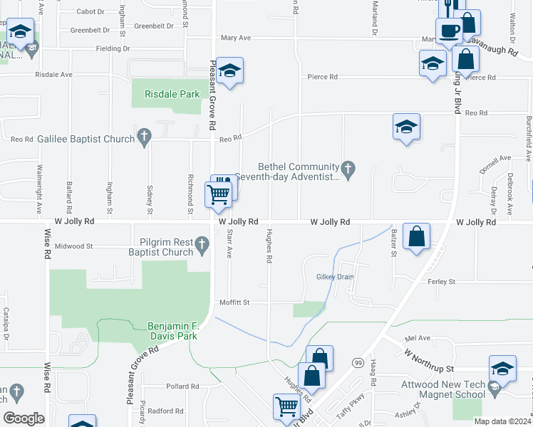 map of restaurants, bars, coffee shops, grocery stores, and more near 5000 Hughes Road in Lansing