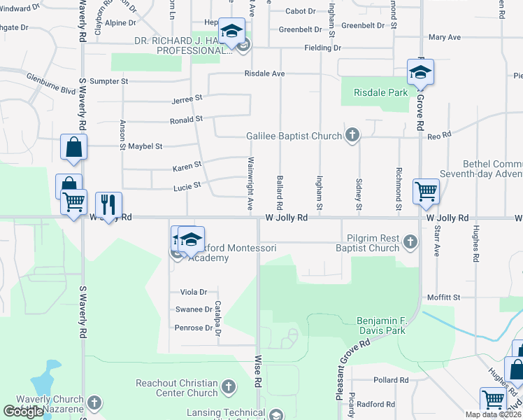 map of restaurants, bars, coffee shops, grocery stores, and more near 4929 Wainwright Avenue in Lansing
