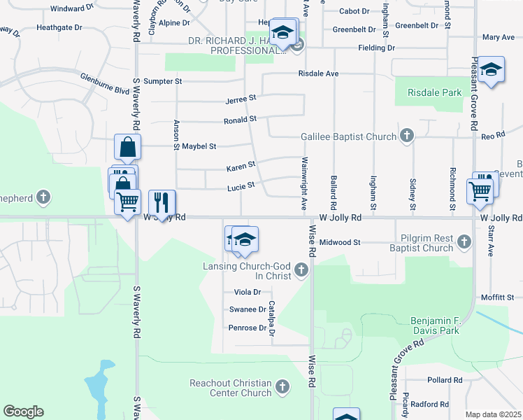 map of restaurants, bars, coffee shops, grocery stores, and more near 4916 Stillwell Avenue in Lansing
