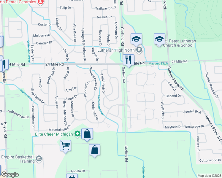 map of restaurants, bars, coffee shops, grocery stores, and more near 52822 Chesire Court in Macomb