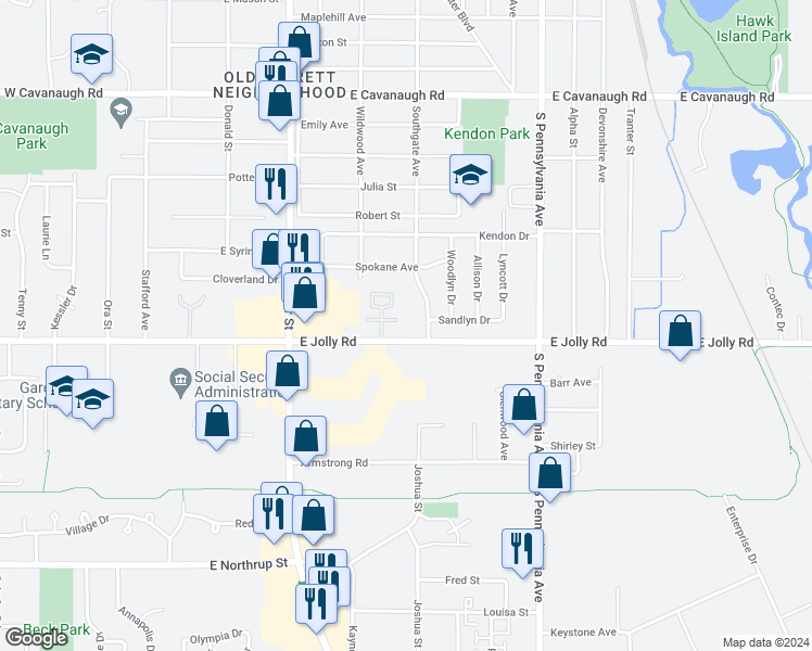 map of restaurants, bars, coffee shops, grocery stores, and more near 645 East Jolly Road in Lansing