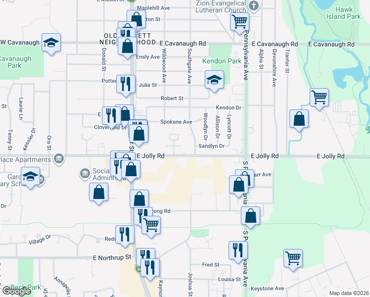 map of restaurants, bars, coffee shops, grocery stores, and more near 645 East Jolly Road in Lansing