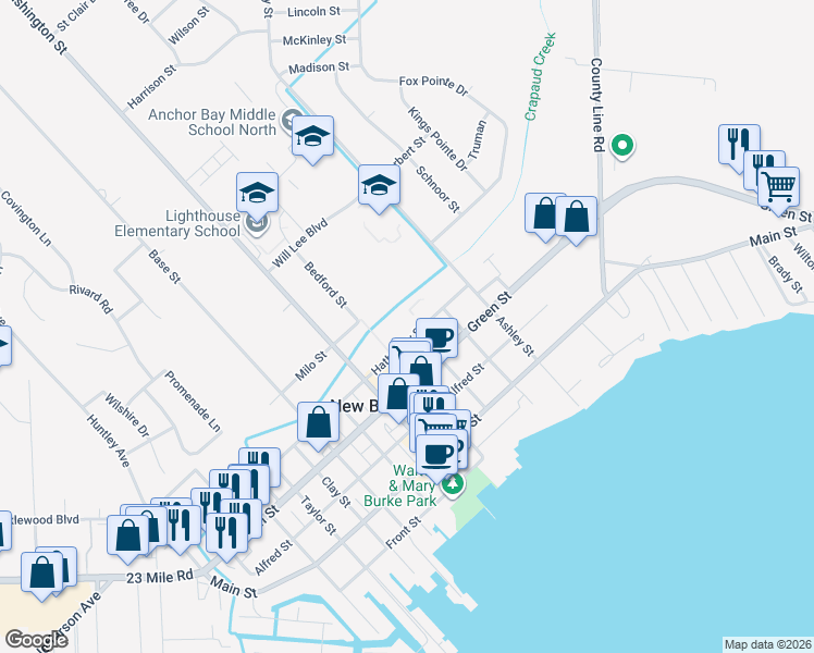 map of restaurants, bars, coffee shops, grocery stores, and more near 36581 Hathaway Street in New Baltimore