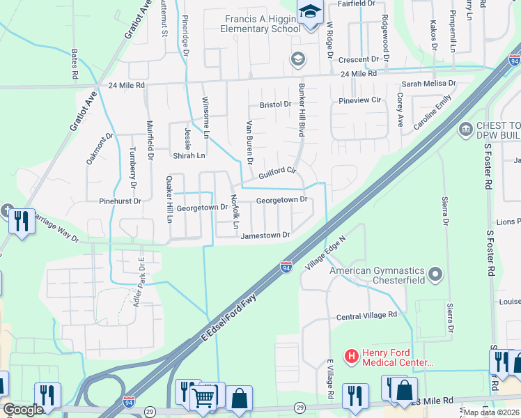 map of restaurants, bars, coffee shops, grocery stores, and more near 29610 Guilford Circle in Macomb County