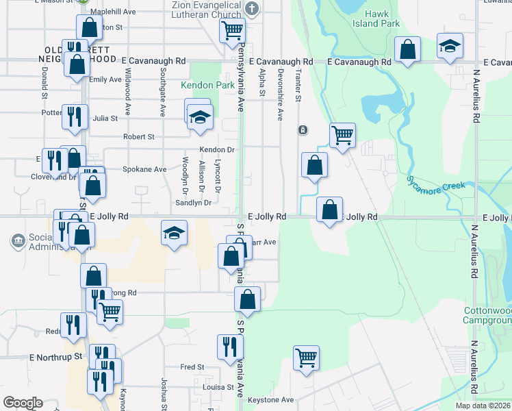 map of restaurants, bars, coffee shops, grocery stores, and more near 4926 Alpha Street in Lansing