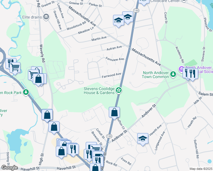 map of restaurants, bars, coffee shops, grocery stores, and more near 190 Chickering Road in North Andover