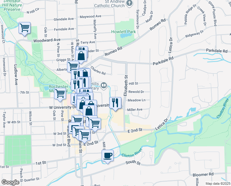 map of restaurants, bars, coffee shops, grocery stores, and more near 519 East University Drive in Rochester