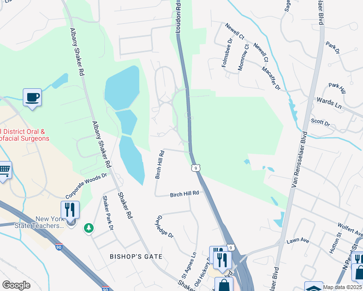 map of restaurants, bars, coffee shops, grocery stores, and more near 298 U.S. 9 in Albany