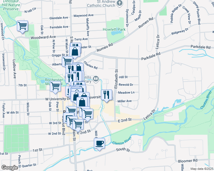 map of restaurants, bars, coffee shops, grocery stores, and more near 519 East University Drive in Rochester