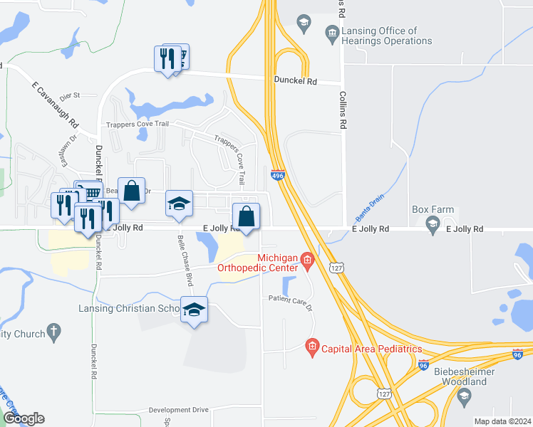 map of restaurants, bars, coffee shops, grocery stores, and more near 3338 BeauJardin Drive in Lansing