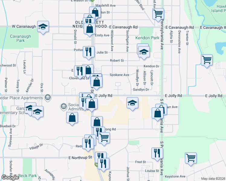 map of restaurants, bars, coffee shops, grocery stores, and more near 621 East Jolly Road in Lansing