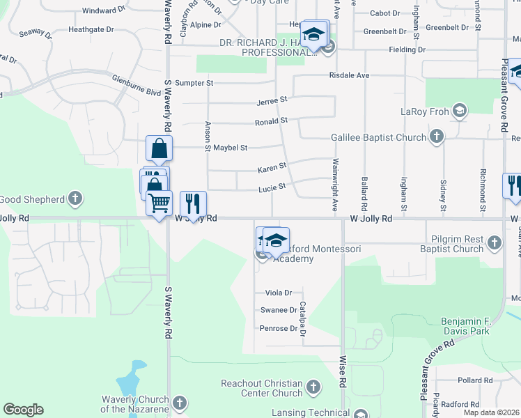 map of restaurants, bars, coffee shops, grocery stores, and more near 4914 Conners Avenue in Lansing