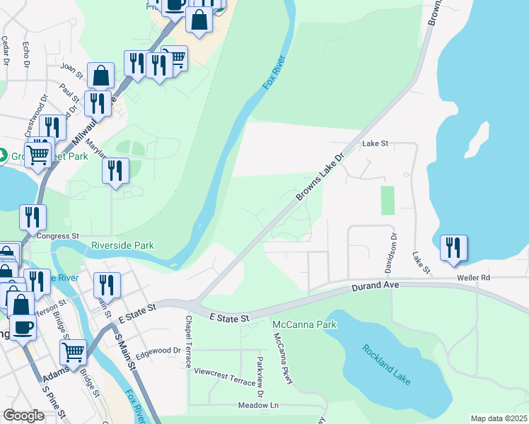 map of restaurants, bars, coffee shops, grocery stores, and more near 728 Foxtrail Circle in Burlington
