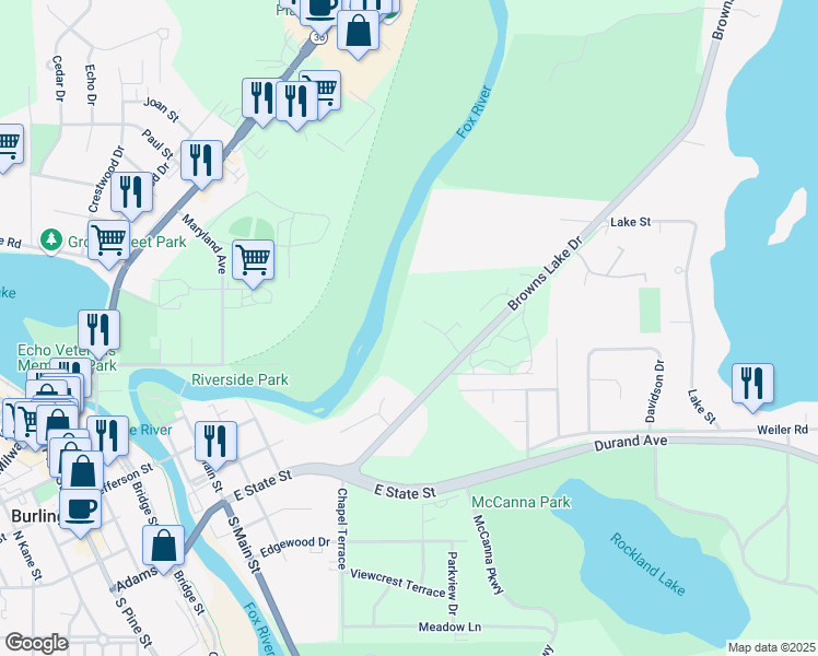 map of restaurants, bars, coffee shops, grocery stores, and more near 654 Foxtree Circle in Burlington