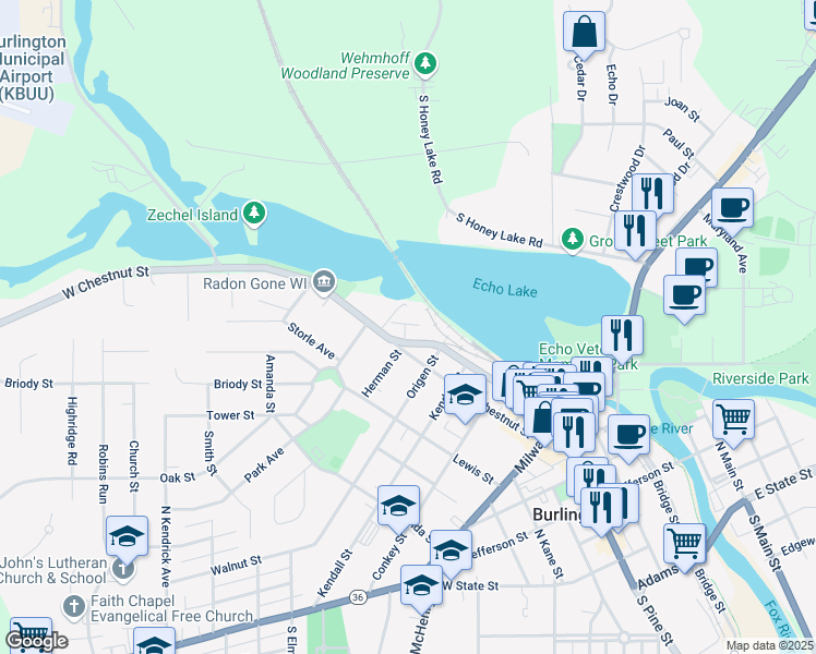 map of restaurants, bars, coffee shops, grocery stores, and more near 364 West Chestnut Street in Burlington