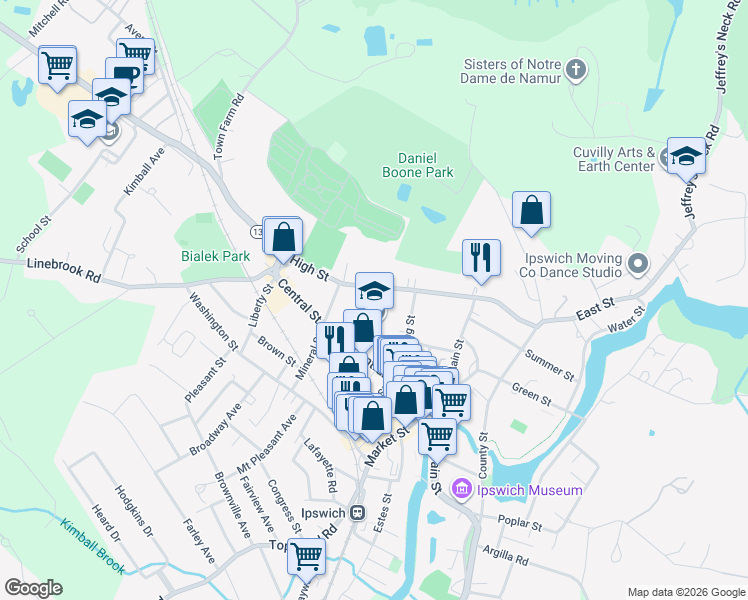 map of restaurants, bars, coffee shops, grocery stores, and more near 41 High Street in Ipswich