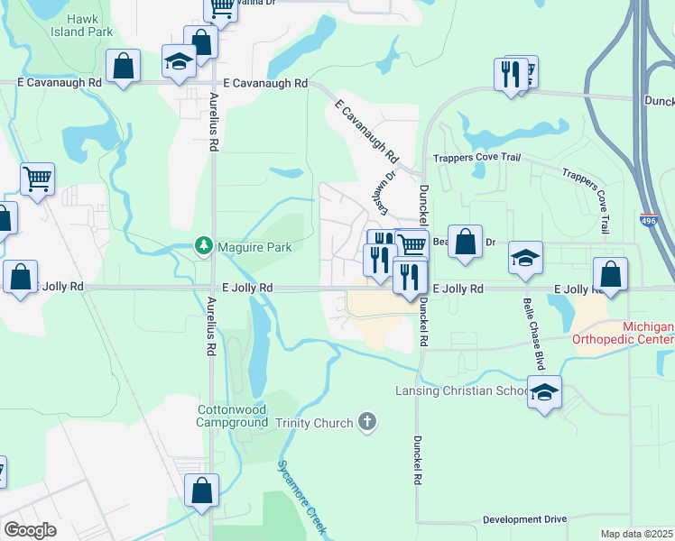 map of restaurants, bars, coffee shops, grocery stores, and more near 2401 East Jolly Road in Lansing