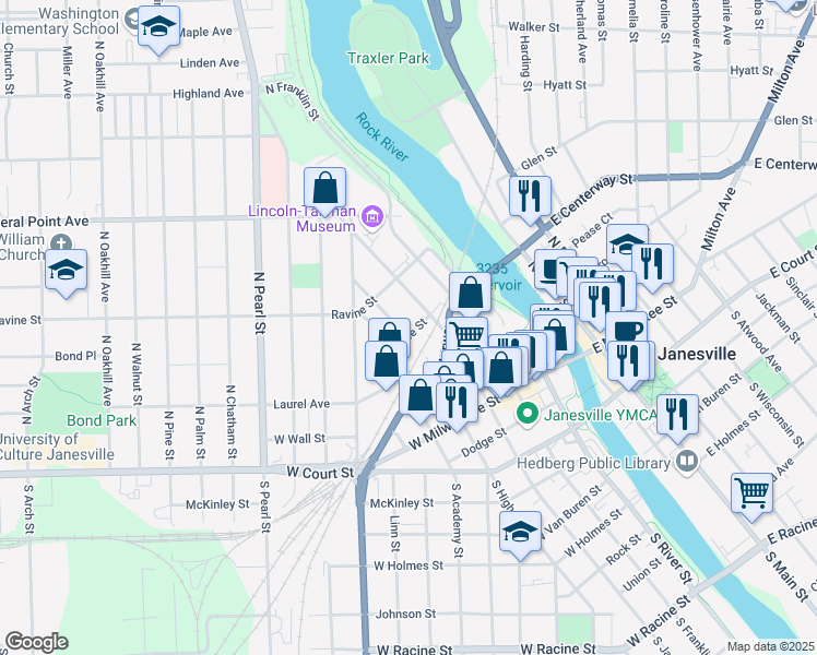 map of restaurants, bars, coffee shops, grocery stores, and more near 320 Race Street in Janesville