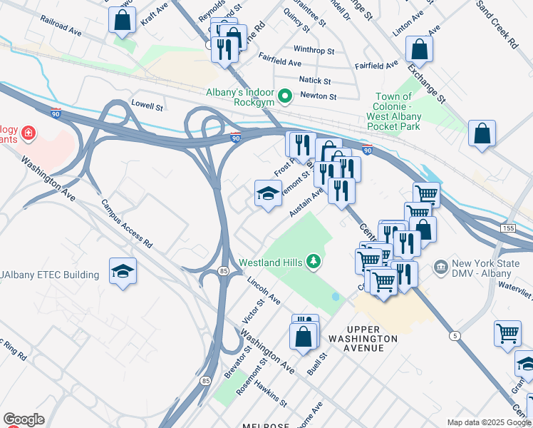 map of restaurants, bars, coffee shops, grocery stores, and more near 65 Tremont Street in Albany