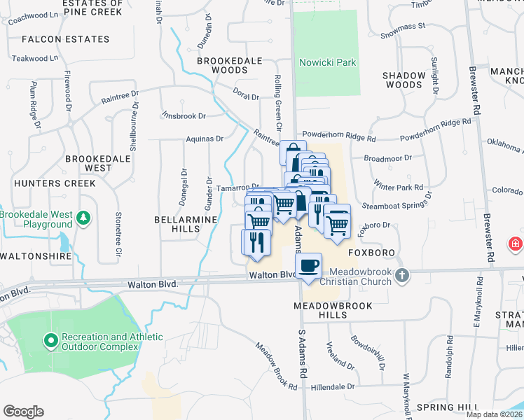 map of restaurants, bars, coffee shops, grocery stores, and more near 3070 Rolling Green Circle South in Rochester Hills