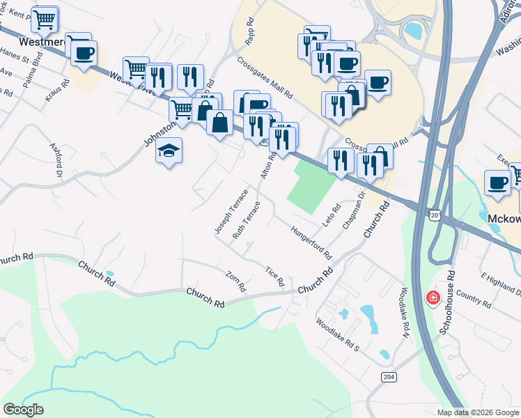 map of restaurants, bars, coffee shops, grocery stores, and more near 20 Patricia Lane in Albany