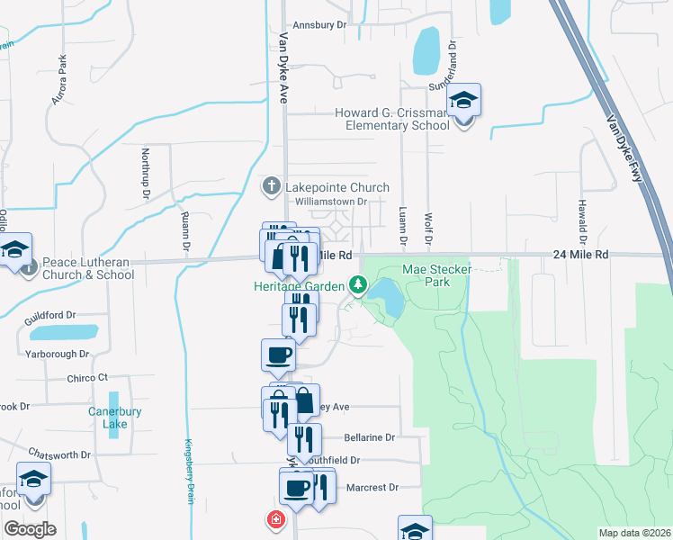 map of restaurants, bars, coffee shops, grocery stores, and more near 8128 24 Mile Road in Macomb County