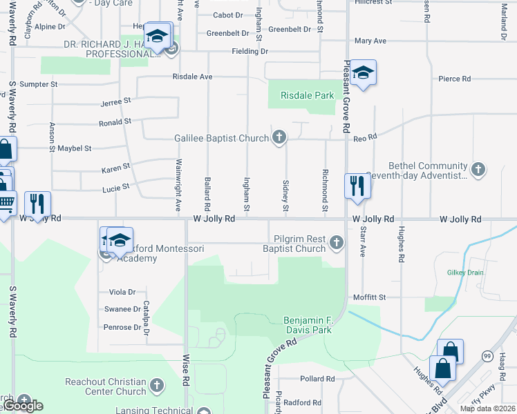 map of restaurants, bars, coffee shops, grocery stores, and more near 4927 Ingham Street in Lansing