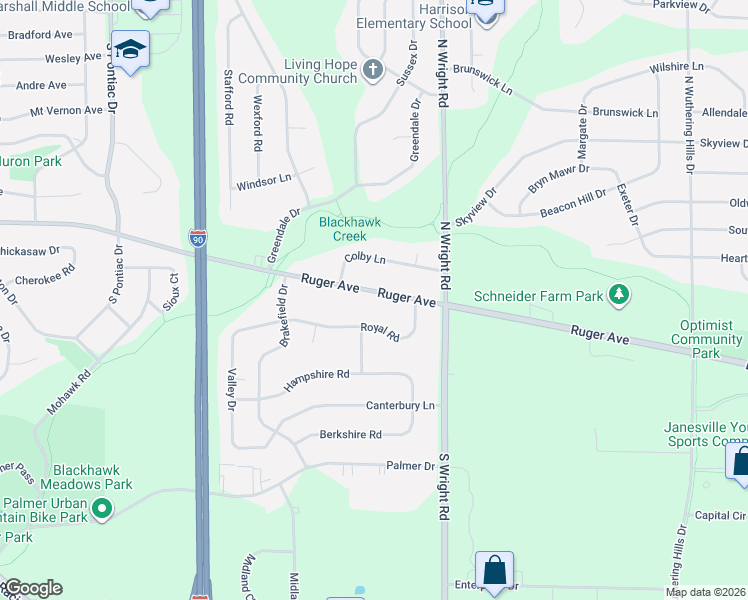 map of restaurants, bars, coffee shops, grocery stores, and more near 3326 Ruger Avenue in Janesville