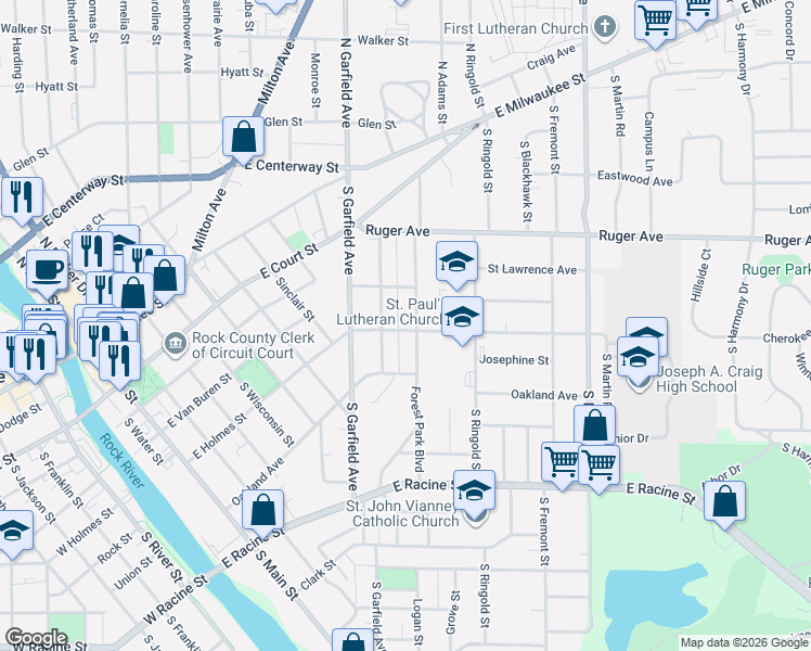 map of restaurants, bars, coffee shops, grocery stores, and more near 220 Forest Park Boulevard in Janesville