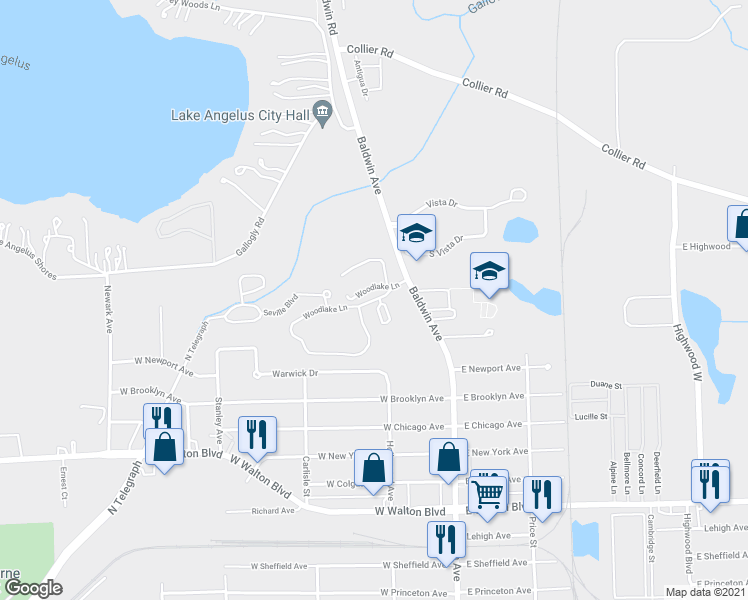 map of restaurants, bars, coffee shops, grocery stores, and more near 1210 Woodlake Lane in Pontiac