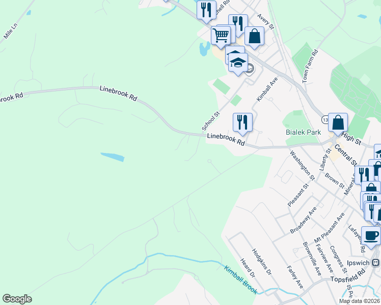 map of restaurants, bars, coffee shops, grocery stores, and more near 78 Linebrook Road in Ipswich