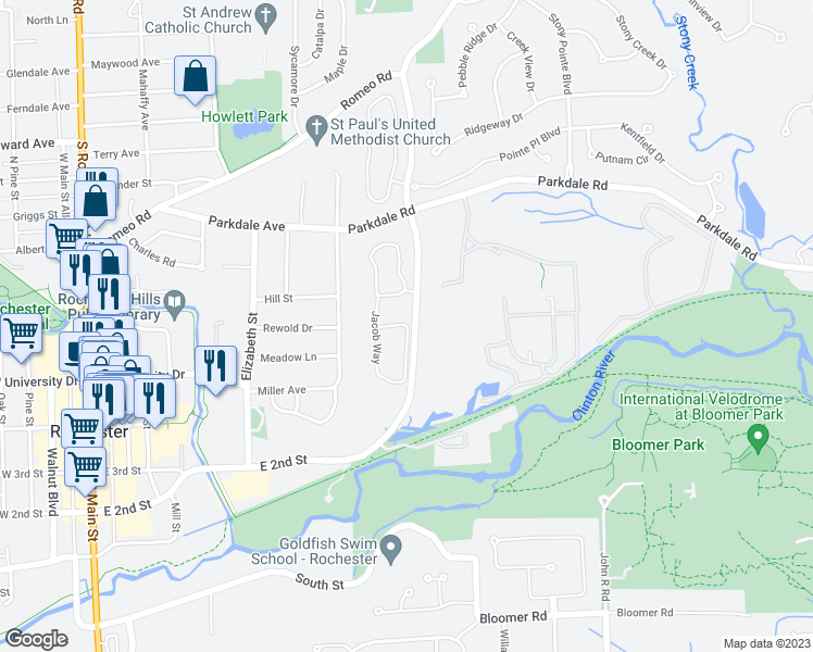 map of restaurants, bars, coffee shops, grocery stores, and more near 508 Jacob Way in Rochester